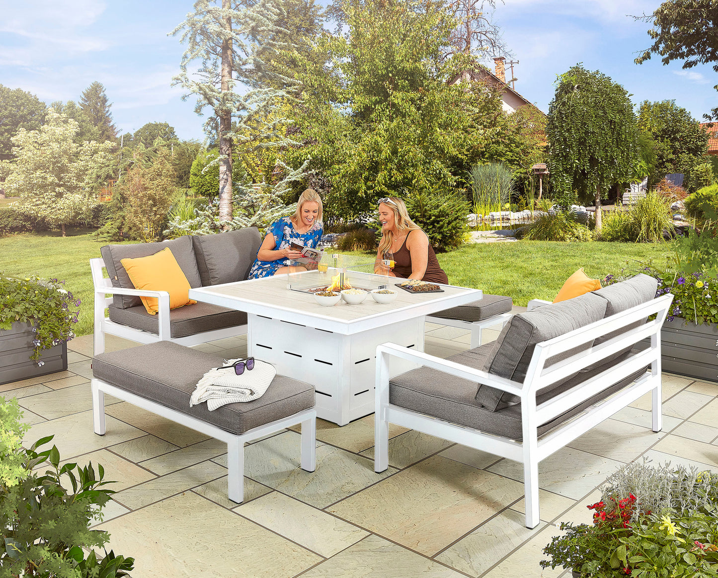 HEX Living - Tutbury Fire Pit Table with Two Sofas and Two Chairs